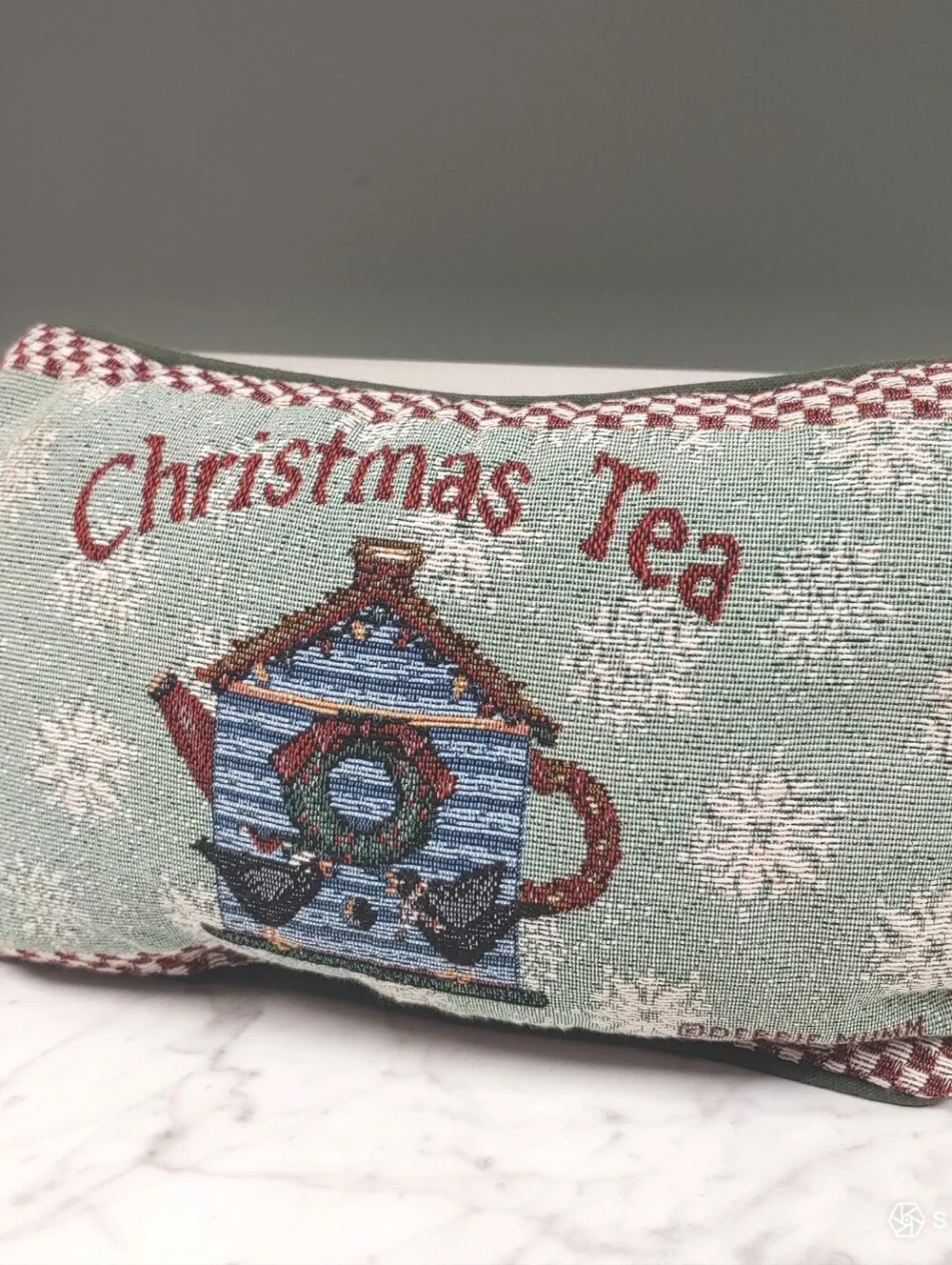 VTG cottage Debbie Mumm tapestry Snowflake Rectangle green Pillow Christmas Tea